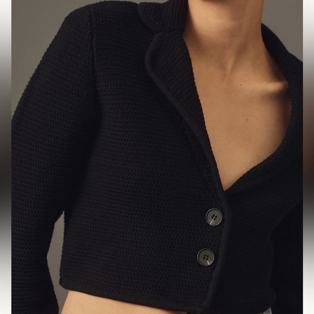 Anthropologie Black Cropped Cotton Blazer Open Knit Cardigan DH New York NWT M - Picture 11 of 11